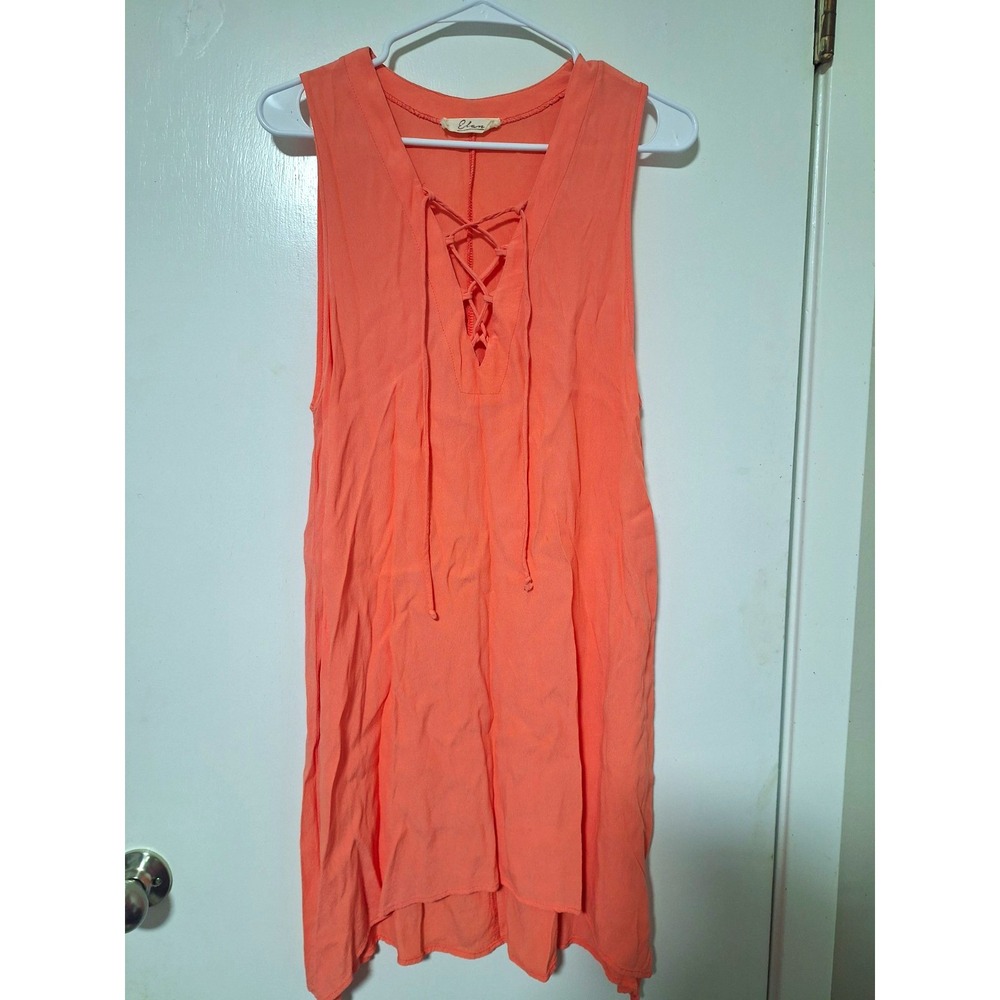 ELAN Womens Medium Orange Coral Lace Up V Neck Sleeveless Shift Tunic Mini Dress